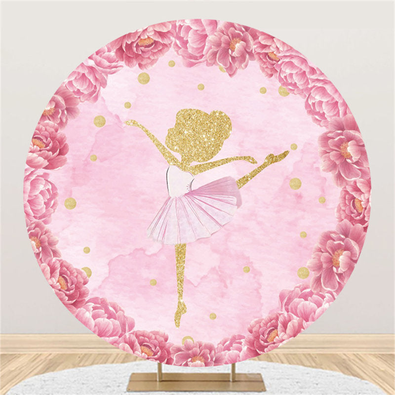 Lofaris Pink Glitter Golden Ballerina Round Birthday Backdrop