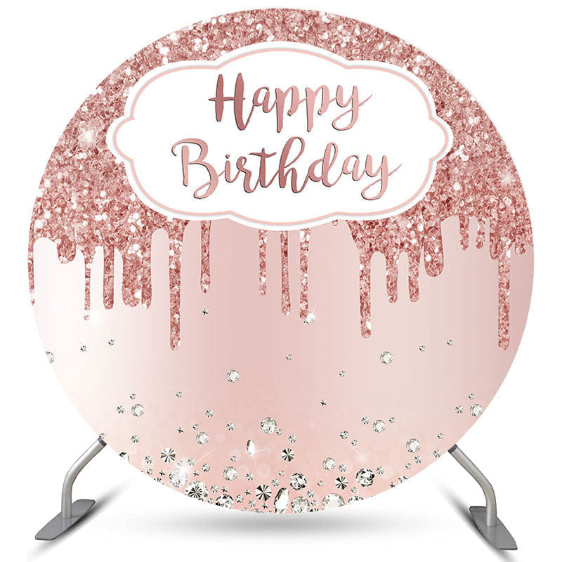 Pink Glitter Silver Diamonds Round Happy Birthday Backdrop - Lofaris