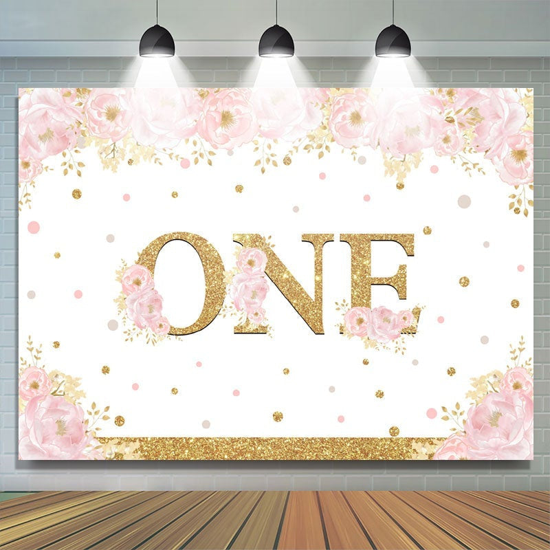 Lofaris Pink Gold Glitter Happy 1st Birthday Backdrop for Girl