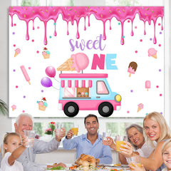 Lofaris Pink Ice Cream Bus Sweet 1st Happy Birthday Bakdrop