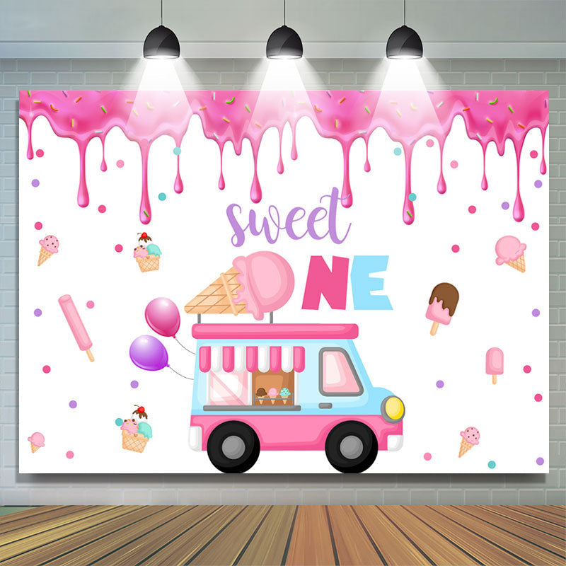 Lofaris Pink Ice Cream Bus Sweet 1st Happy Birthday Bakdrop