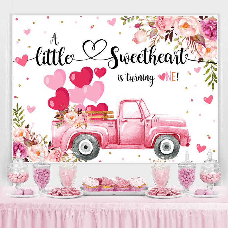 Pink Little Sweet Heart Turnning One Birthday Backdrop – Lofaris