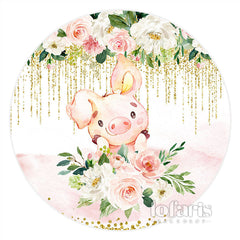 Lofaris Pink Pig Flowers Lovely Round Happy Birthday Backdrop