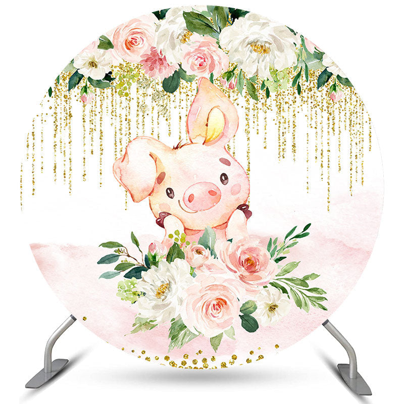 Lofaris Pink Pig Flowers Lovely Round Happy Birthday Backdrop