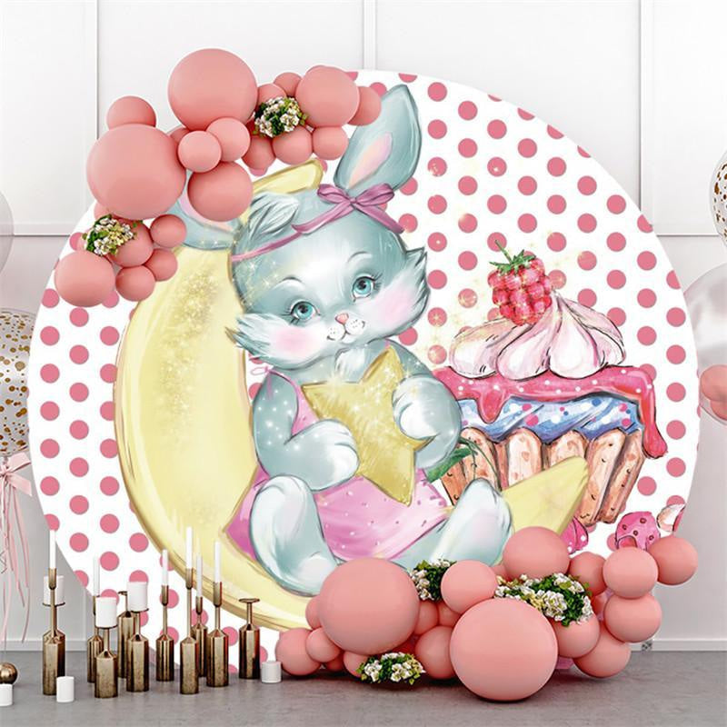 Lofaris Pink Rabbit Moon Cake Circle Party Backdrop for Girls