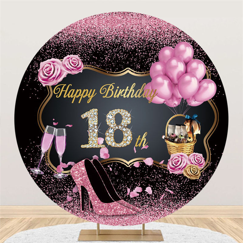 Pink Roses Black Round Happy 18Th Birthday Backdrop - Lofaris