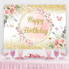 Lofaris Pink Soring And Gloden Happy Birthday Backdrop For Girl