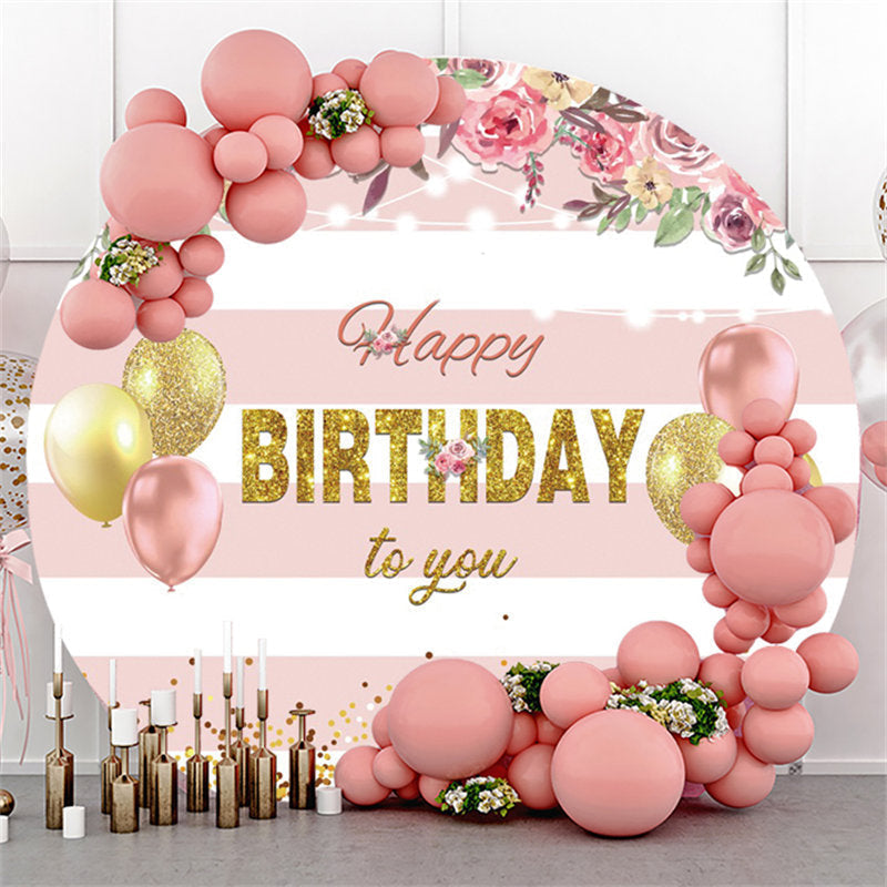 Lofaris Pink Stripe Flower Balloons Birthday Circle Backdrop