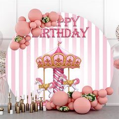 Lofaris Pink Stripe Round Happy Birthday Backdrop For Girl