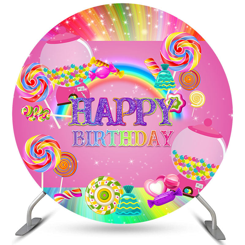 Lofaris Pink Sweet Candy Theme Happy Birthday Round Backdrop