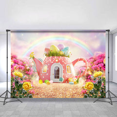 Lofaris Pink Teapot Rainbow Glitter And Floral Spring Backdrop