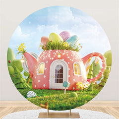 Lofaris Pink Teapot Theme Garden Circle Easter Day Backdrop