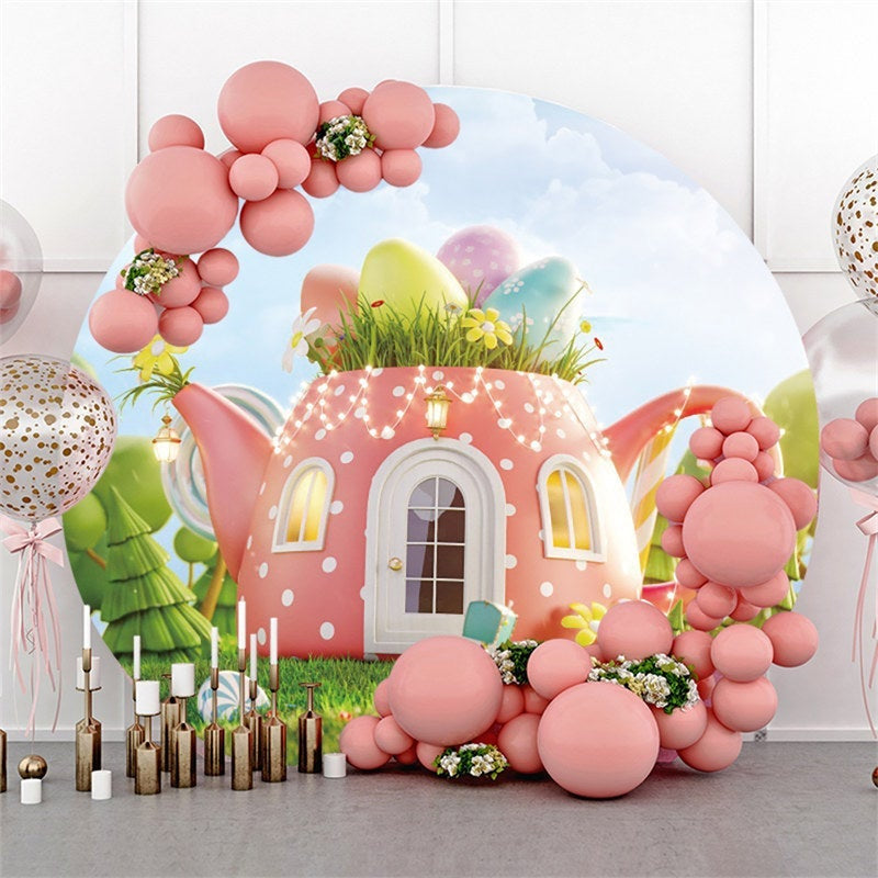 Lofaris Pink Teapot Theme Garden Circle Easter Day Backdrop