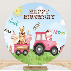 Lofaris Pink Train With Cute Animals Birthday Round Backdrop