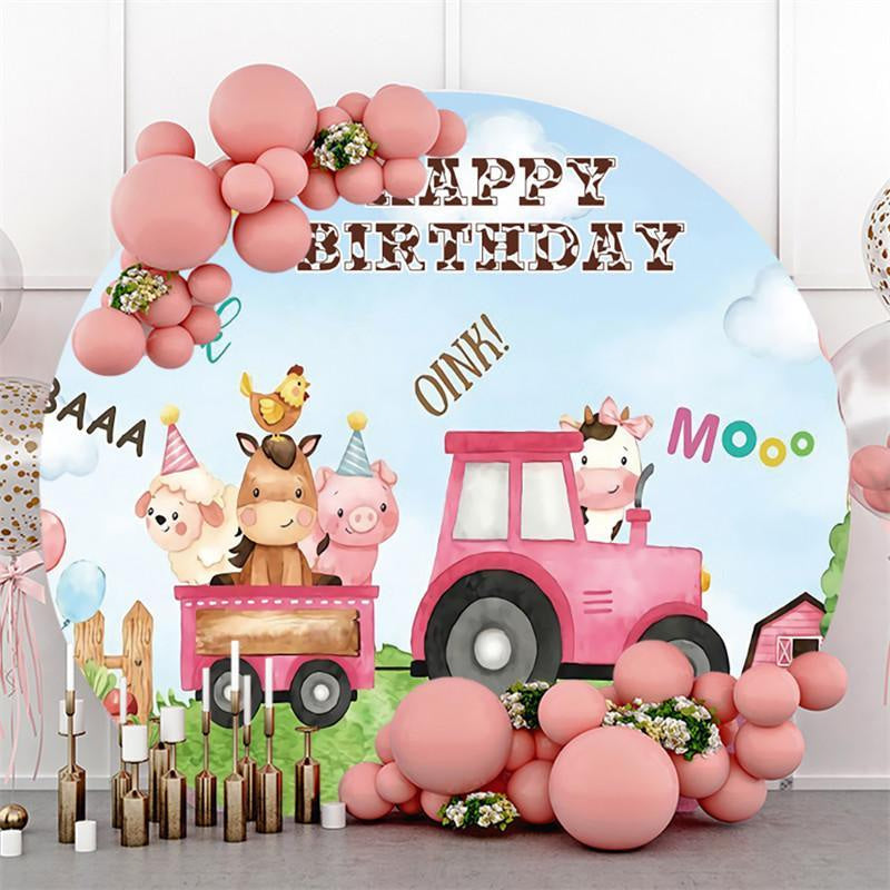 Lofaris Pink Train With Cute Animals Birthday Round Backdrop