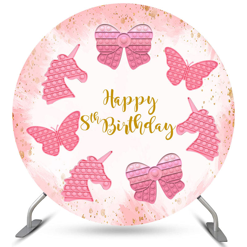 Pink Unicorn Butterfly Happy Birthday Pop It Round Backdrops - Aperturee