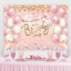 Lofaris Pink White Balloon Glitter Happy Birthday Backdrop