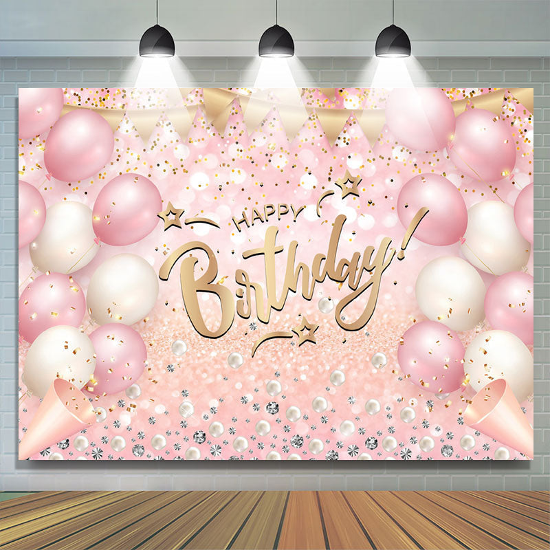 Lofaris Pink White Balloon Glitter Happy Birthday Backdrop