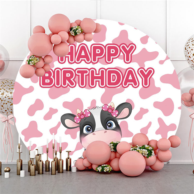 Lofaris Pink White Cartoon Cow Happy Birthday Round Backdrop