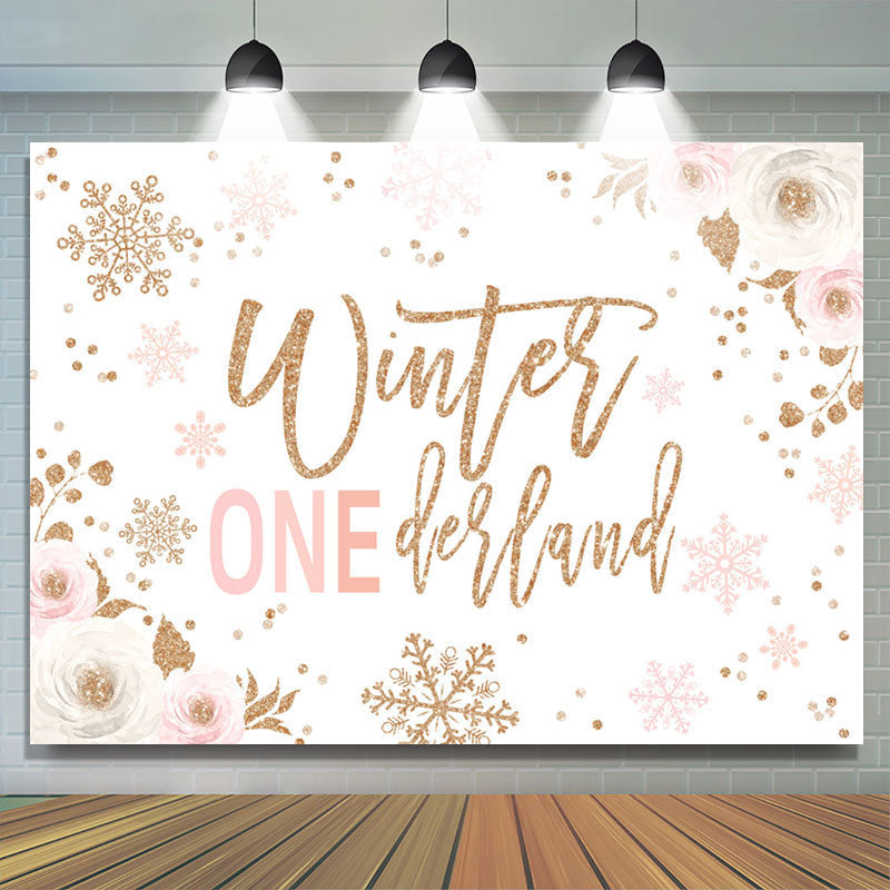 Lofaris Pink White Floral Glitter Winter Onederland Birthday Backdrop