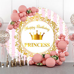 Lofaris Pink White Stripes Round Gold Princess Birthday Backdrop