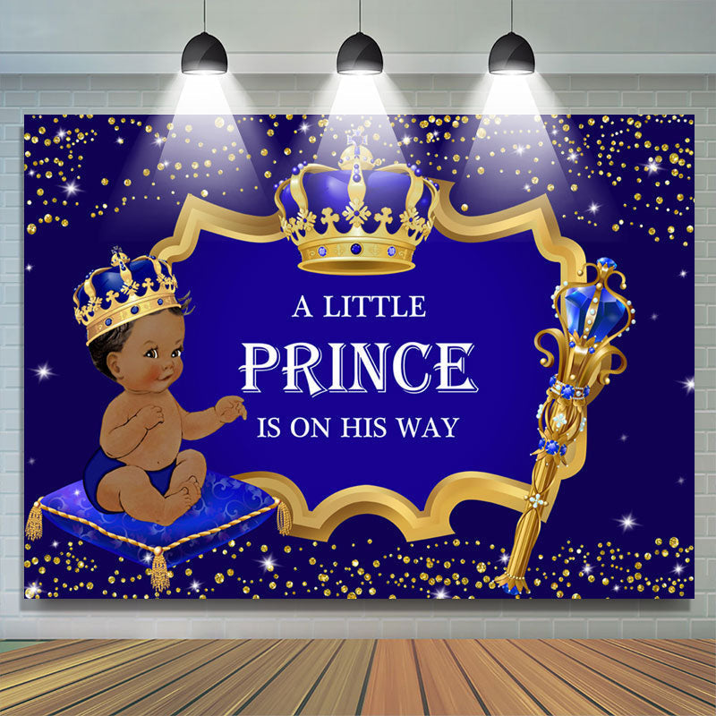 Princess Gold Glitter Crown Blue Baby Shower Backdrop