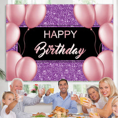 Lofaris Purple And Pink Glitter Balloon Happy Birthday Backdrop