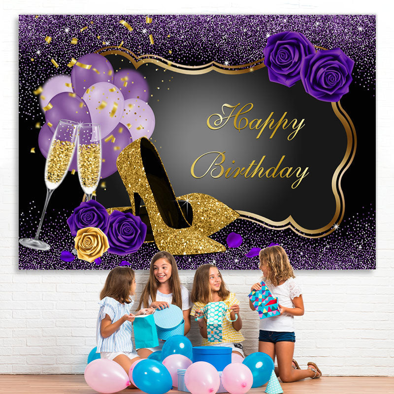 Purple Balloons Rose Happy Birthday Backdrop For Girl – Lofaris