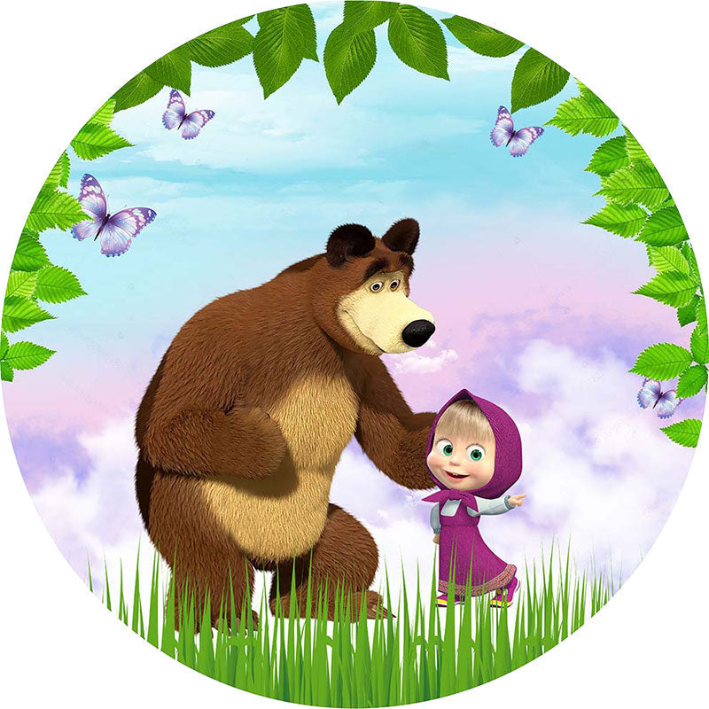 Purple Round Birthday Masha And The Bear Backdrop - Lofaris