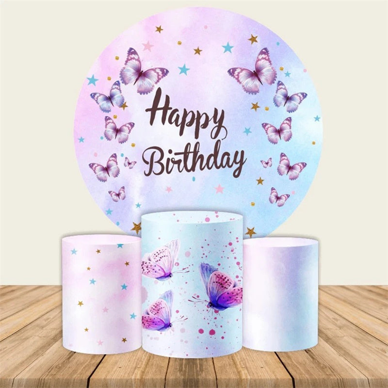 Lofaris Purple Butterfly Stars Birthday Round Backdrop Kit