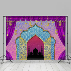 Lofaris Purple Curtain Gold Glitter Blue Castle Birthday Backdrop