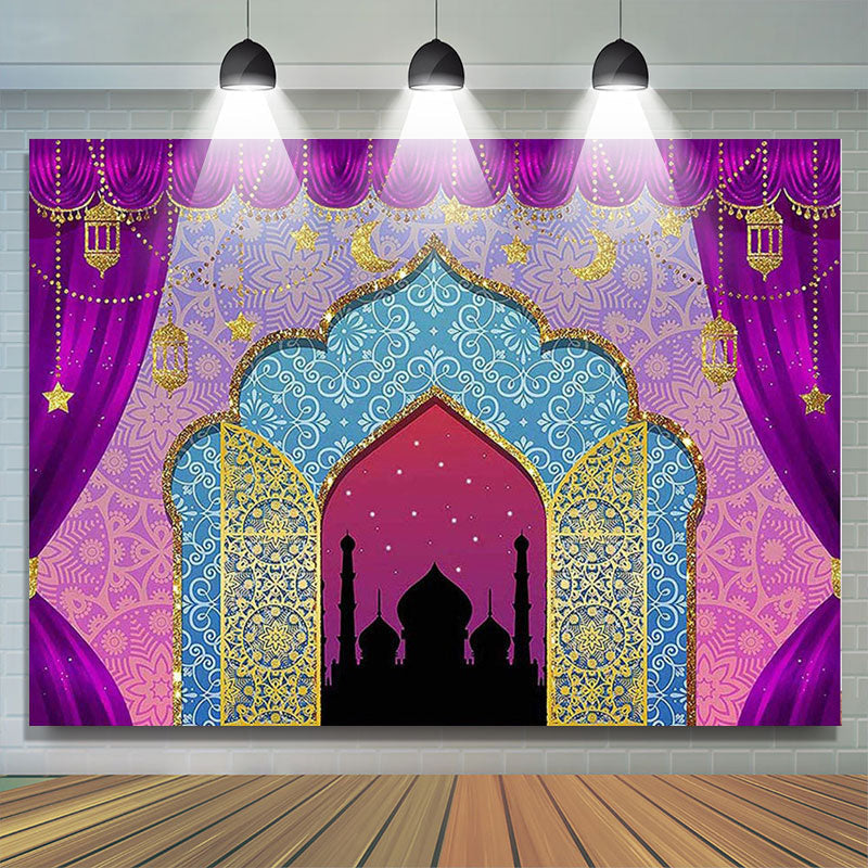 Lofaris Purple Curtain Gold Glitter Blue Castle Birthday Backdrop