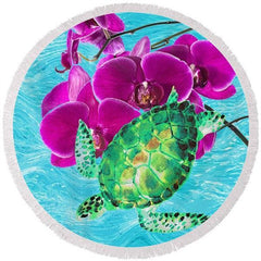 Lofaris Purple Dendrobium Turtle Round Fringe Beach Towel