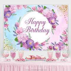 Lofaris Purple Floral Glitter Happy Birthday Backdrop Banner