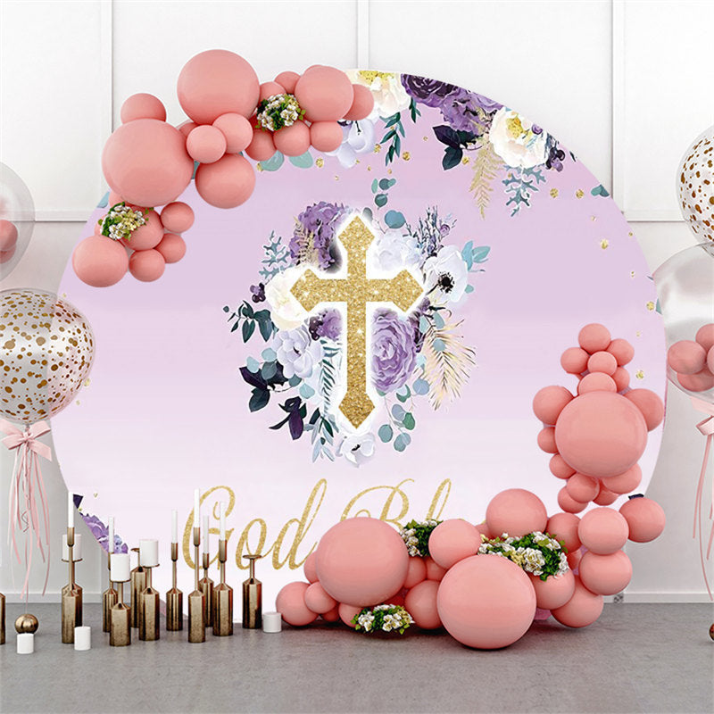 Lofaris Purple Floral Gold God Bless Round Baby Shower Backdrop