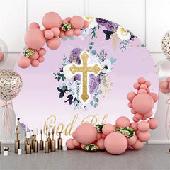 Lofaris Purple Floral Gold God Bless Round Baby Shower Backdrop