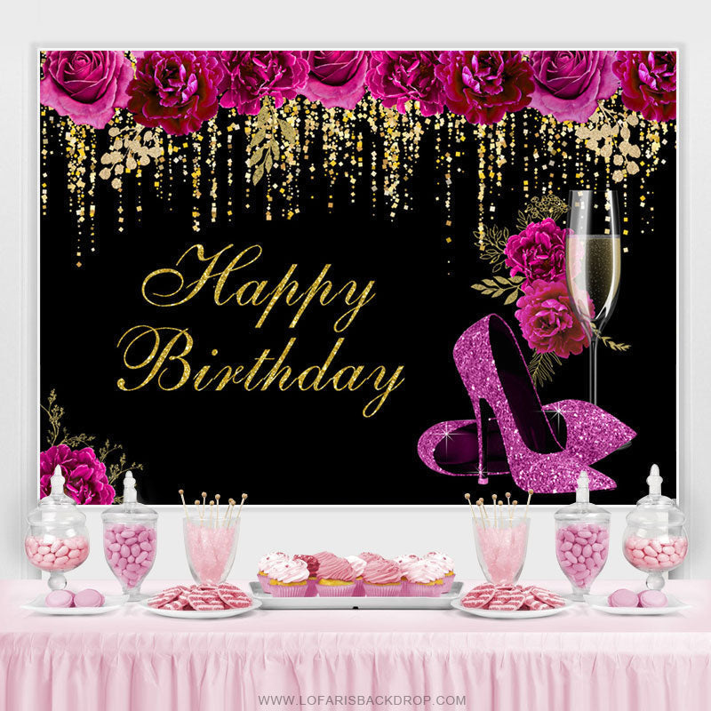 Purple Floral Heels Gold Glitter Happy Birthday Backdrop – Lofaris