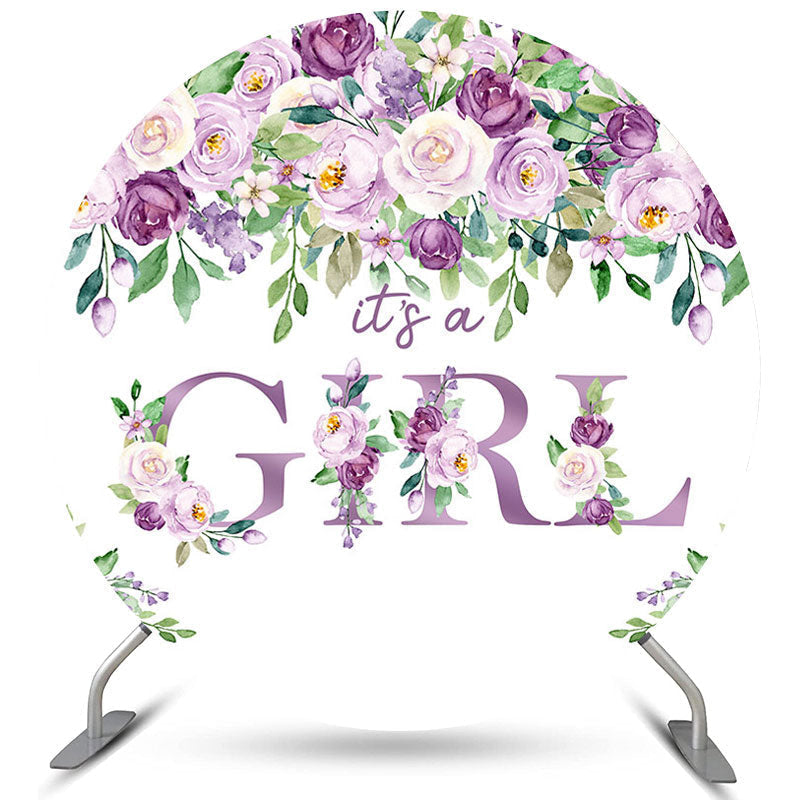 Lofaris Purple Floral Its A Girl Round Baby Shower Backdrop