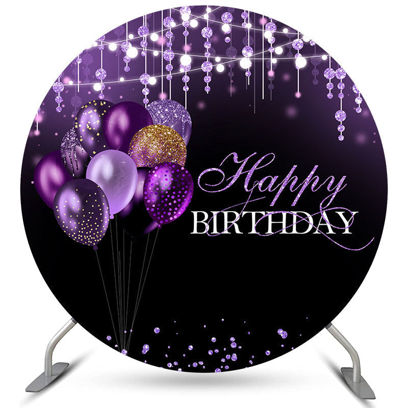 Lofaris Purple Glitter Balloons Black Round Birthday Backdrop