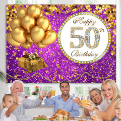 Lofaris Purple Glittle and Gold Balloon 50th Birthday Backdrop