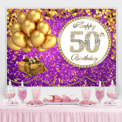 Lofaris Purple Glittle and Gold Balloon 50th Birthday Backdrop