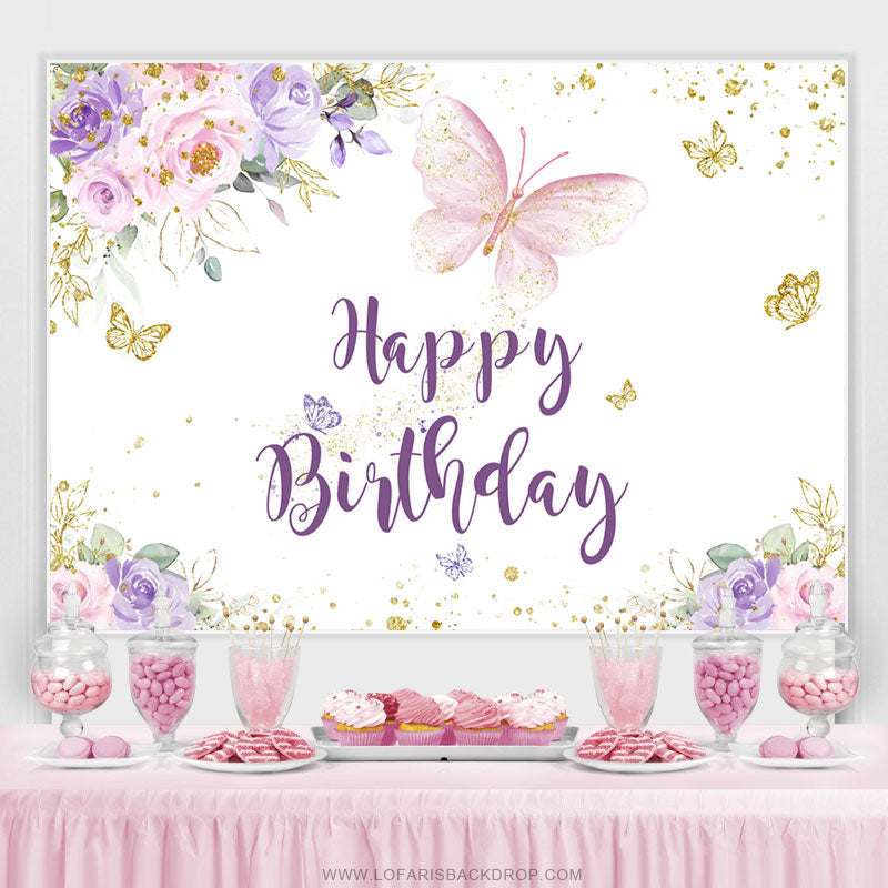 Purple Gold Glitter Butterfly Happy Birthday Backdrop – Lofaris