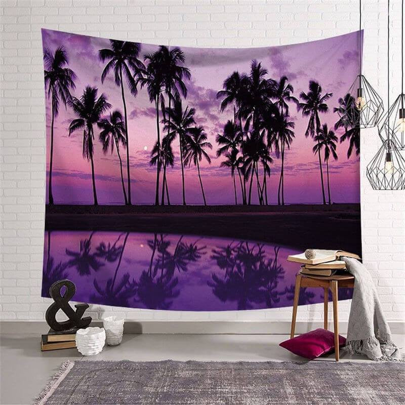 Lofaris Purple Night Coconut Tree Beach Holiday Wall Tapestry