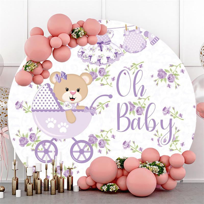 Lofaris Purple Oh Baby Teddy Bear Round Shower Backdrop