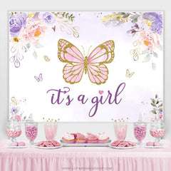 Lofaris Purple Pink Glitter Butterfly Floral Baby Shower Backdrop