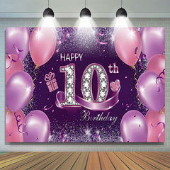 Lofaris Purple Pink Glitter Happy 10th Birthday Backdrop Banner