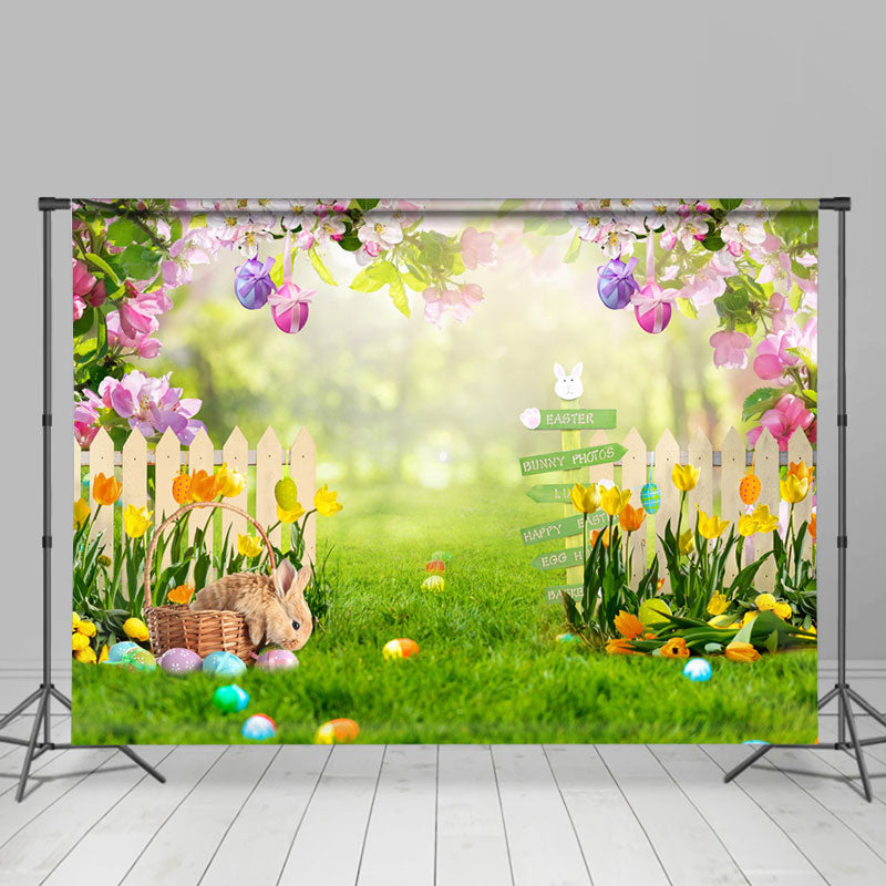 Lofaris Rabbit And Easter Egg Green Grass Holiday Backdrop