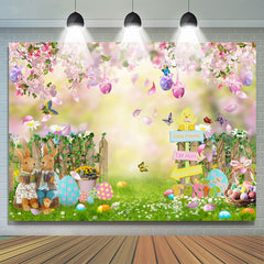 Lofaris Rabbit On Fence Pink Floral Easter Egg Party Backdrop