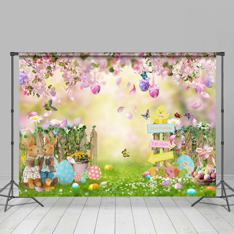 Lofaris Rabbit On Fence Pink Floral Easter Egg Party Backdrop