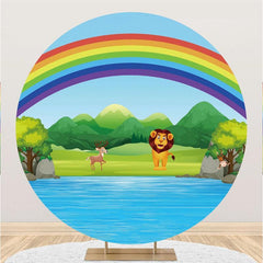 Lofaris Rainbow And Lake With Lion Round Baby Shower Backdrop